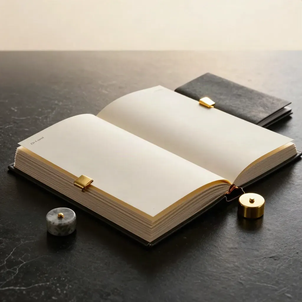 Cream planning folio with brass clips and stone weights on matte-black surface, dramatic finance studio
