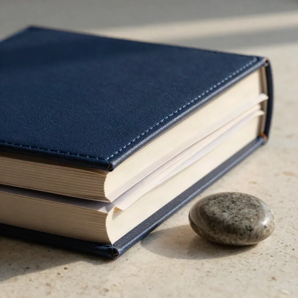 Midnight-blue deal folio sliding into a diagonal stack on pale travertine under cool studio light.