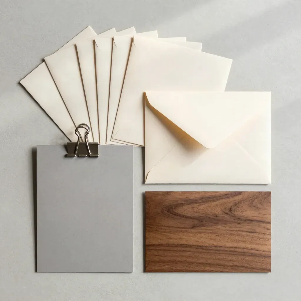 Overhead flatlay of pale finance review cards, envelope and graphite clip on concrete.