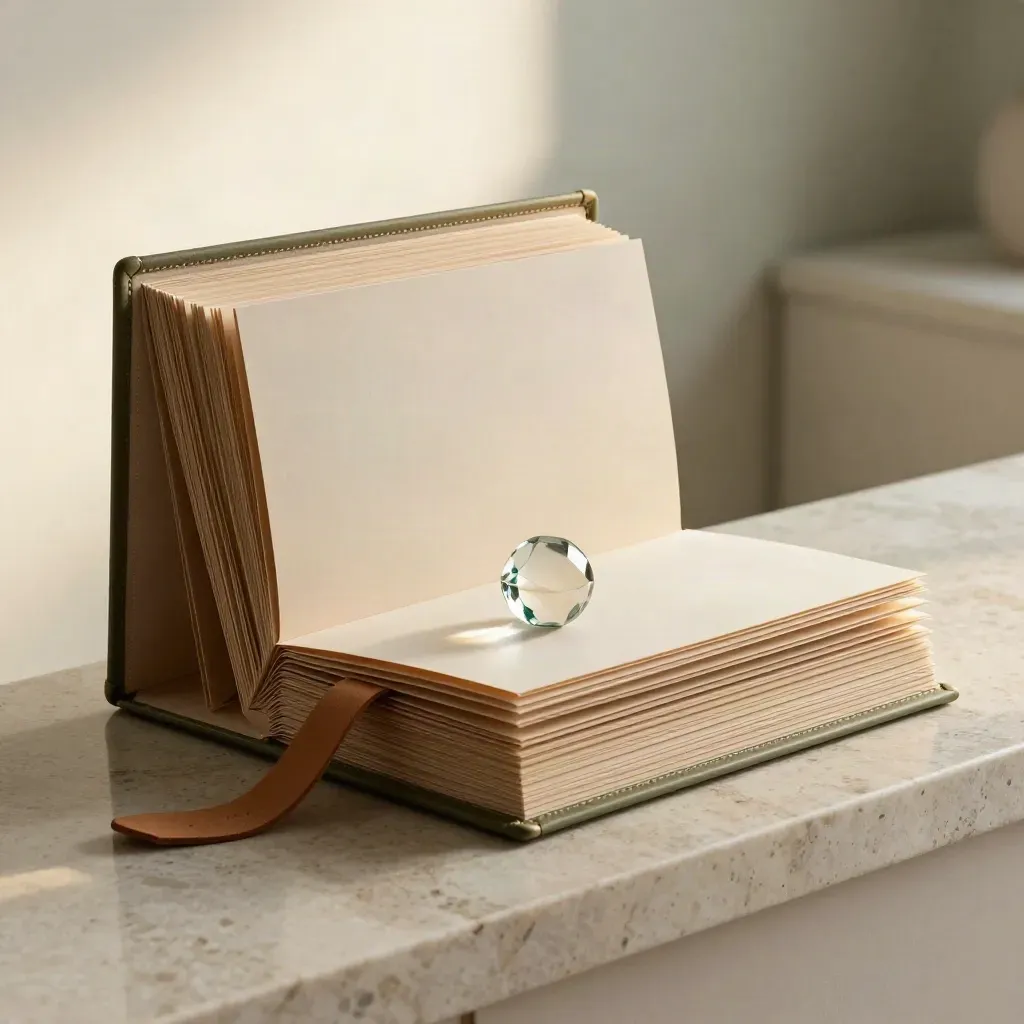 Pale oak portfolio case open with blank inserts, leather tie, and glass paperweight on travertine.