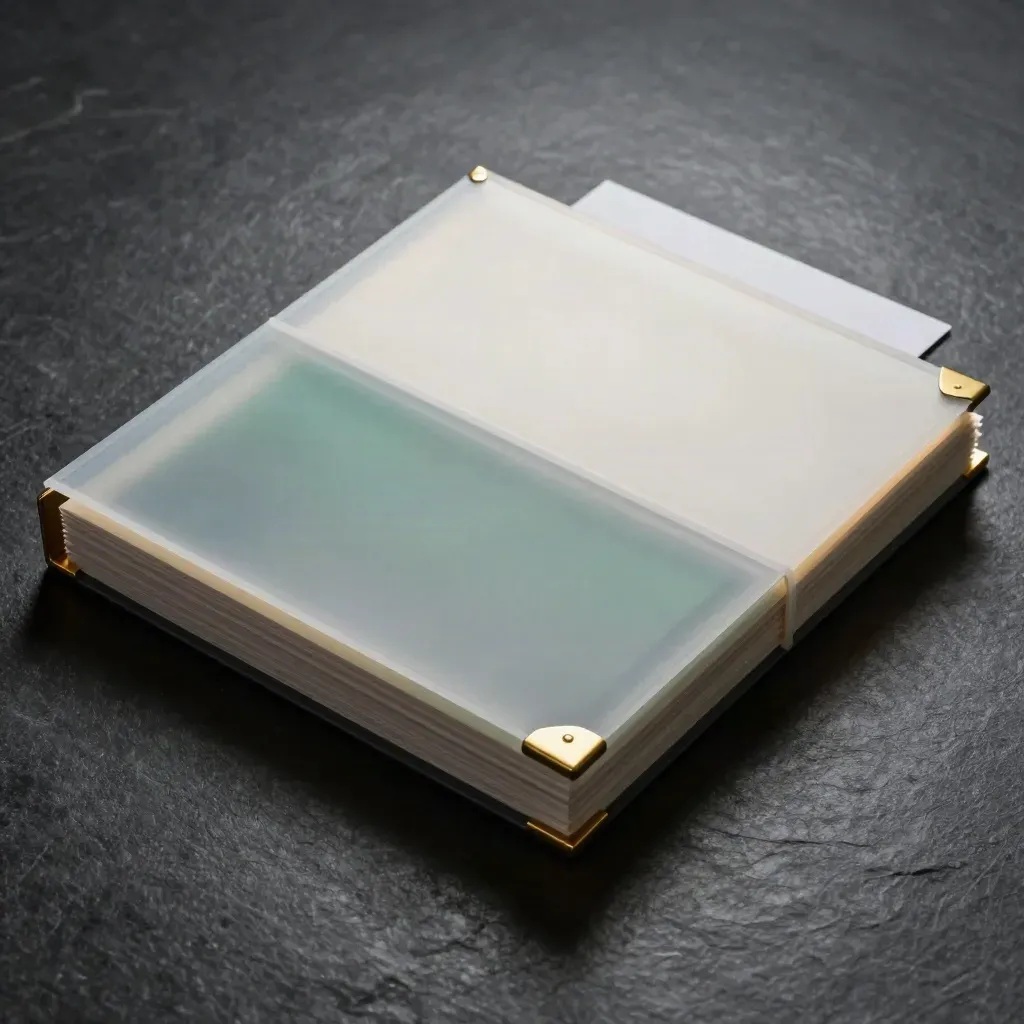 Top-down finance folio with translucent sleeves, brass corner guard, and emerald tint on dark stone.