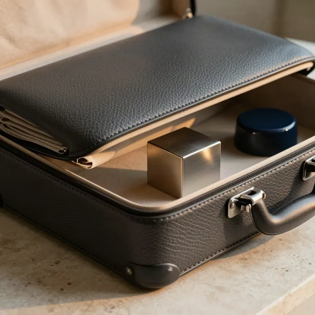 Charcoal leather briefing case open beside a metal cube and navy ceramic object.