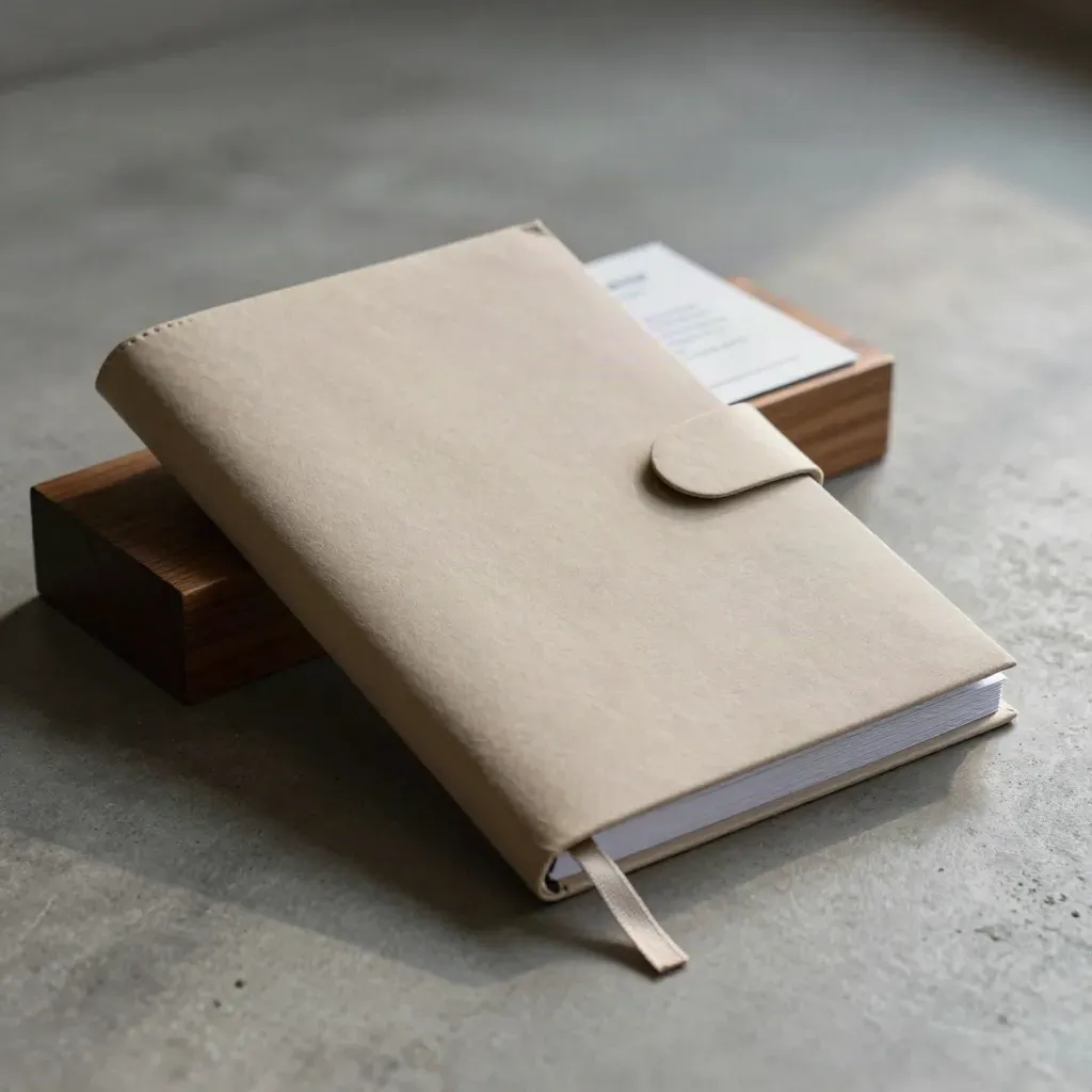 Exit-notes folio with ribbon tie beside a dark wooden block on concrete