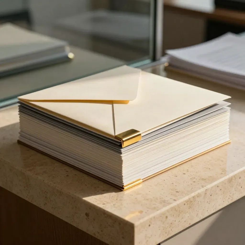 Top-down premium finance tracker kit with tabbed inserts, gold clip, and envelope edge on travertine.