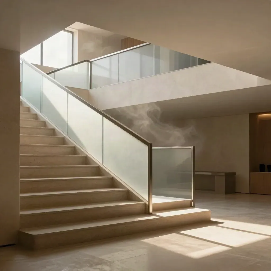 Sunlit limestone stair landing with oak rails and frosted glass, calm space for headline copy.