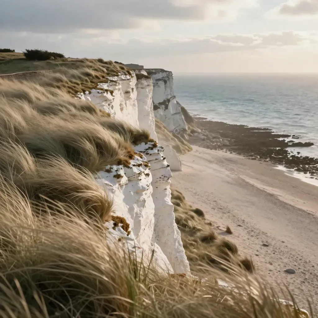 Cliff-top chalk path above pale grass, sea wall and rolling water under windy afternoon clouds