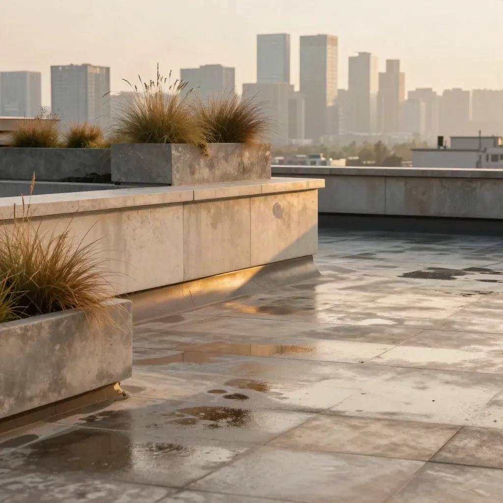 Wet urban rooftop at golden hour with planters, mist and a blurred skyline