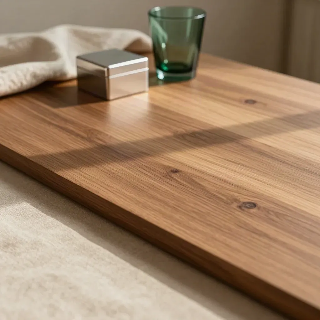 Walnut surface with blurred linen drapery, side table, and muted emerald accent in soft light.
