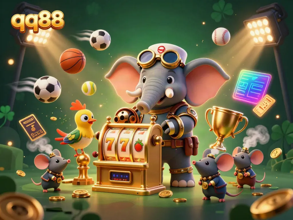 Engage with the thrill of qq88's gaming experience featuring a steampunk elephant operating a slot machine amidst dynamic gaming visuals.