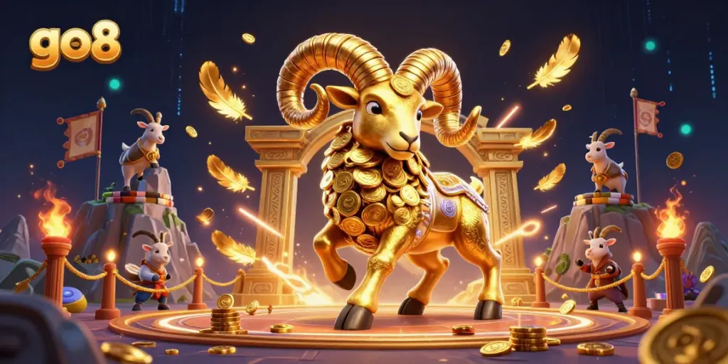 Experience excitement at go8 with this detailed illustration featuring a golden ram charging through a vibrant gambling arena.