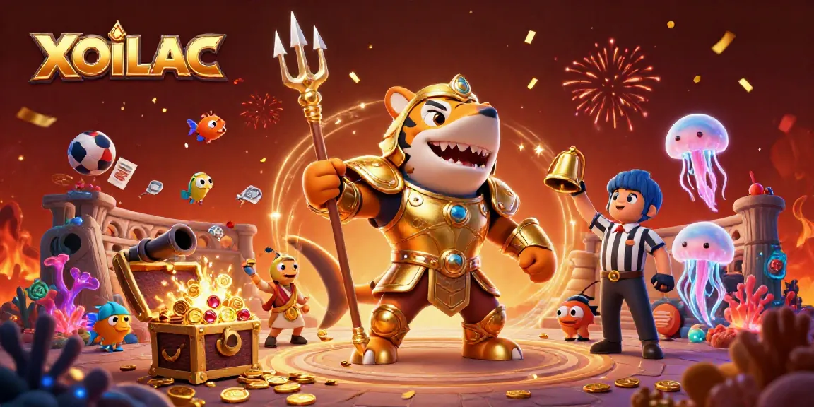 Play sports betting games with XOILAC in a colorful underwater colosseum featuring a shark gladiator and cheering fish.