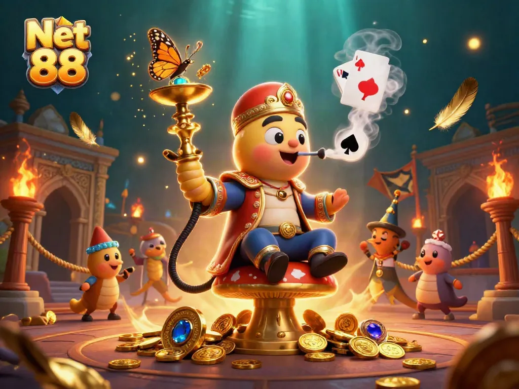 Experience the magic of Net 88 with a vibrant casino scene of a caterpillar master and gem chrysalis.