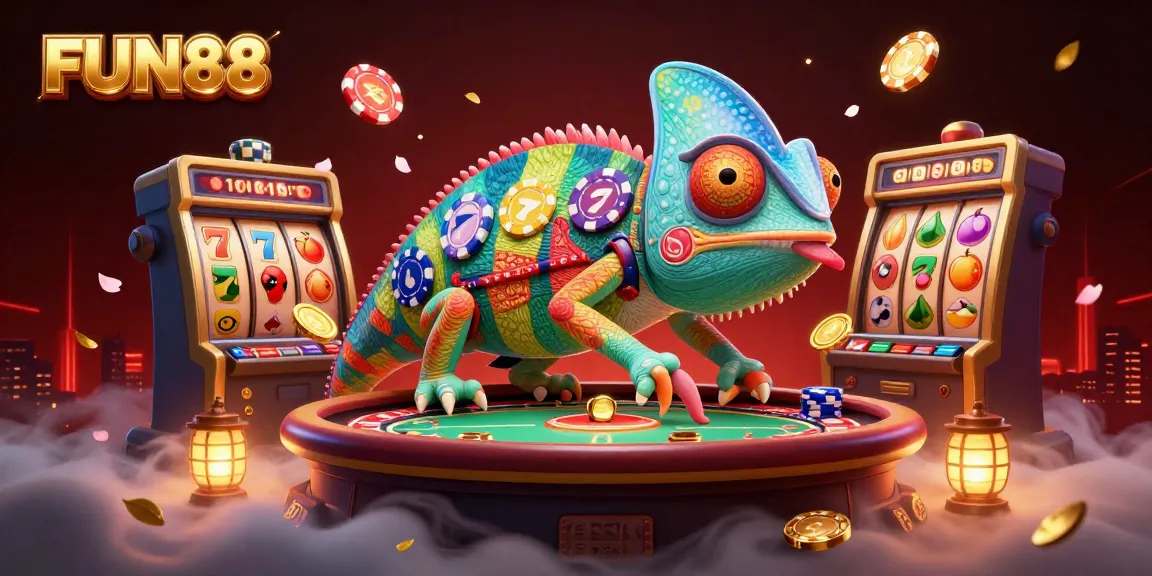 FUN88 showcases a dynamic chameleon casino owner grabbing golden coins amid rich slot game elements.