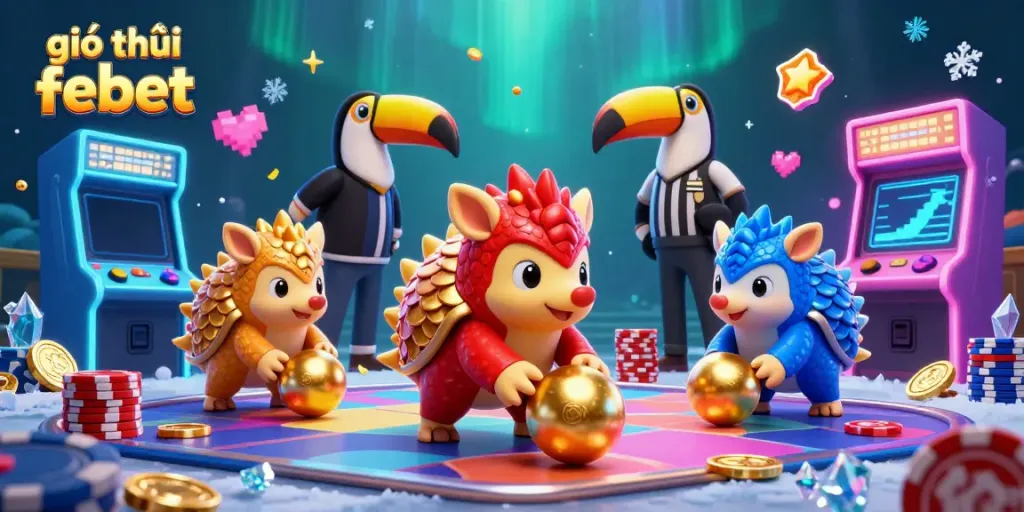 Engage in fun with giới thiệu febet as cartoon pangolins roll through poker chips in a vibrant casino scene.