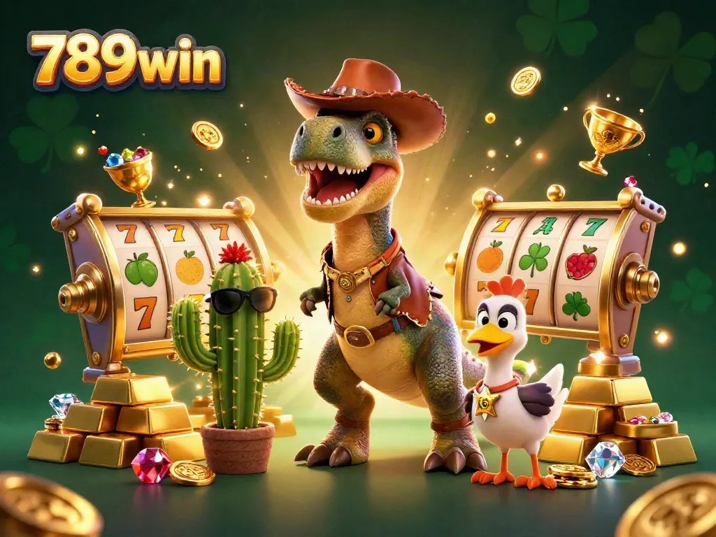 Engage in thrilling slot action at 789win with vibrant visuals of classic game elements and playful characters.