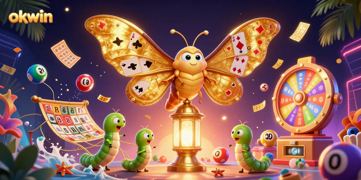 Experience the excitement of okwin with vibrant casino-themed 3D artwork featuring colorful lottery elements.