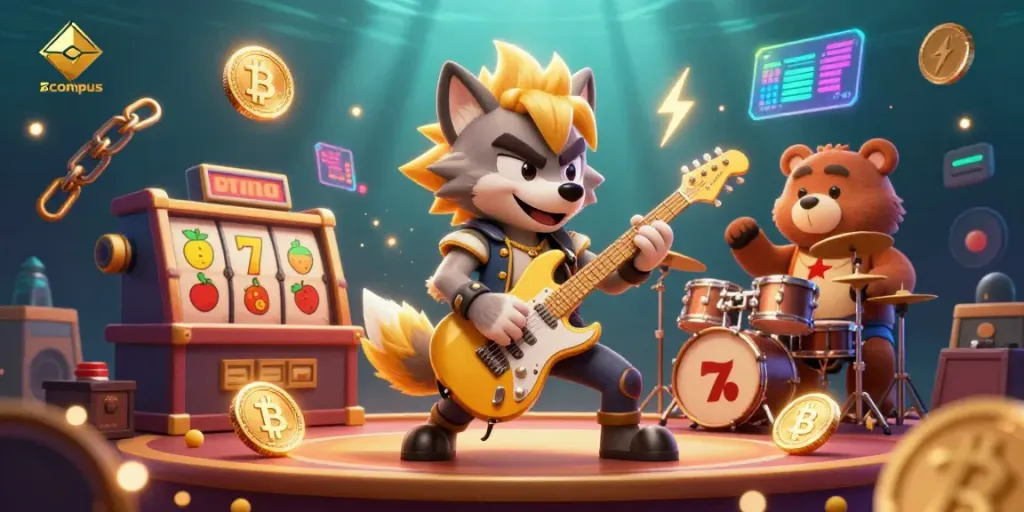 Experience ecompus with thrilling slot action featuring a rock star wolf and drummer bear.