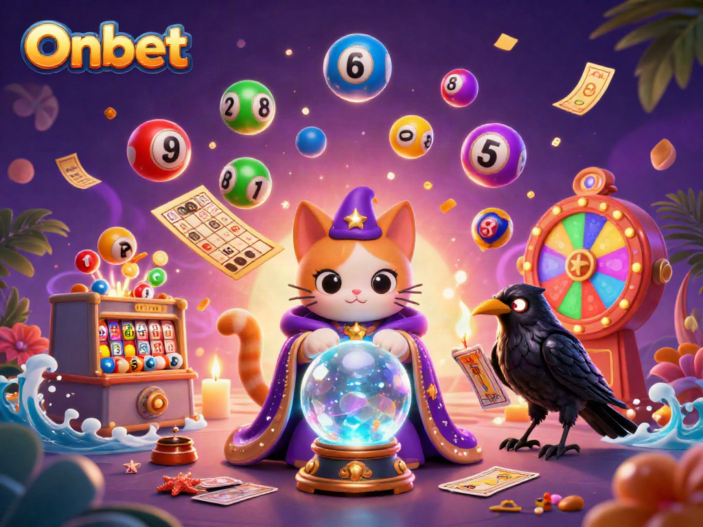 Engage with the vibrant Onbet scene showcasing a fortune teller cat and tarot raven amid dynamic lottery elements.