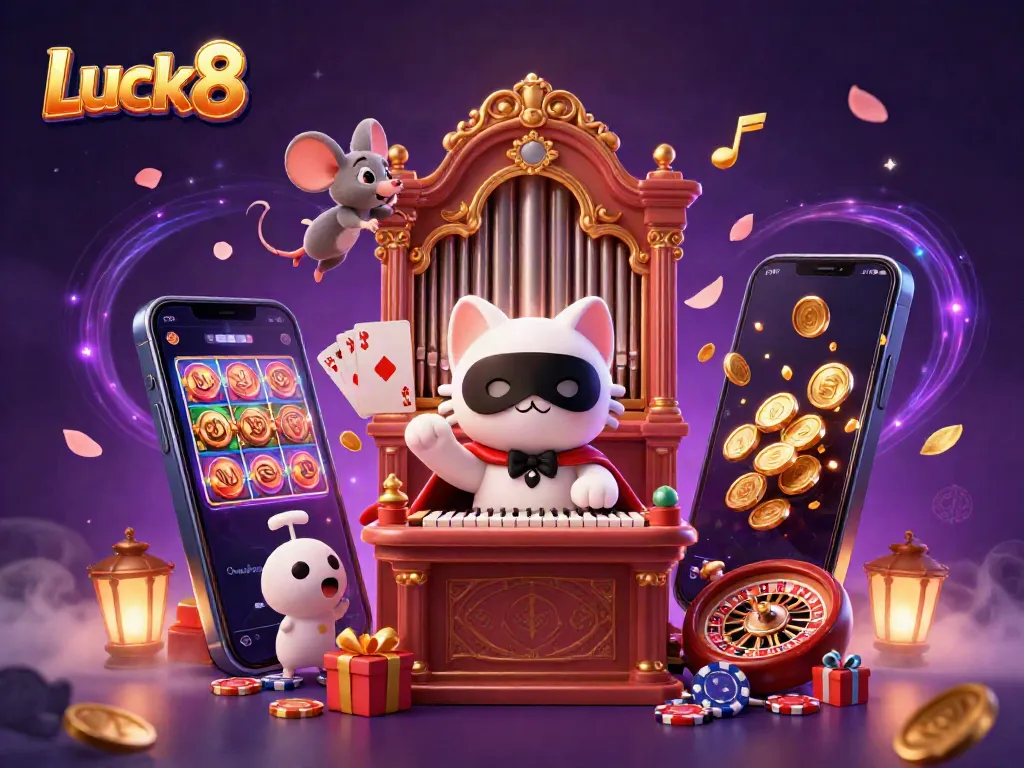 Engage in the excitement at Luck8 with a lively 3D casino scene featuring animated characters and slot games.