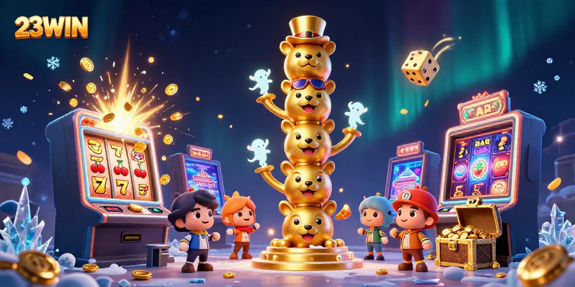 Experience thrilling gameplay with 23WIN's dynamic slot machine and totem pole in a vibrant casino scene.