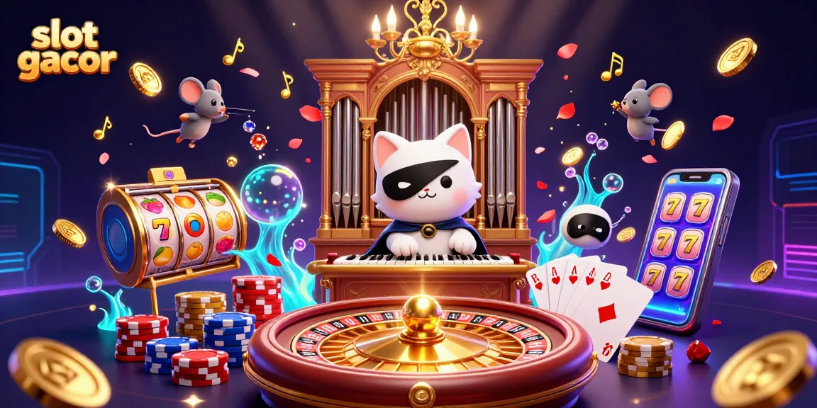 Experience slot gacor action with animated characters amidst golden coins and vibrant gems in a lively casino.