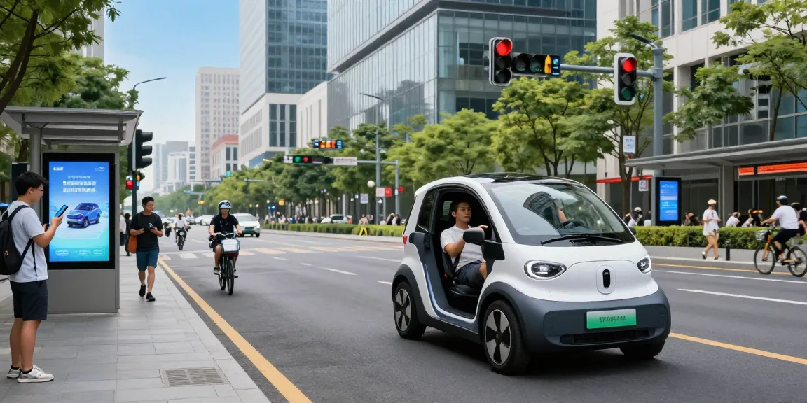 Autonomous driving vehicle in a bustling city setting, showcasing innovative urban mobility technology.