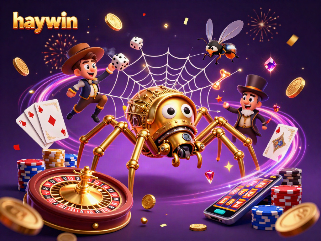 Experience the thrill with haywin's steampunk spider catching lucky dice amidst dazzling casino elements.