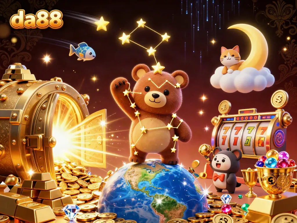 Scoop coins from Earth with da88's constellation bear and vibrant casino elements.