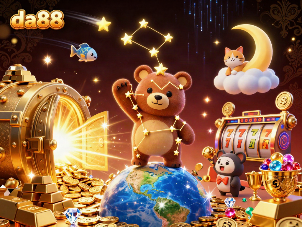 Scoop coins from Earth with da88's constellation bear and vibrant casino elements.