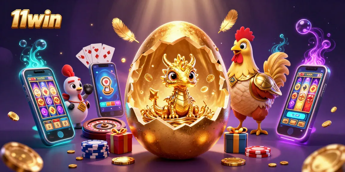 Engage with the thrilling world of 11win featuring a golden dragon, poker chips, and slot games.