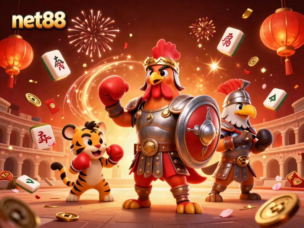 Play games and bet at net88 with vibrant golden coins and festive characters in action.