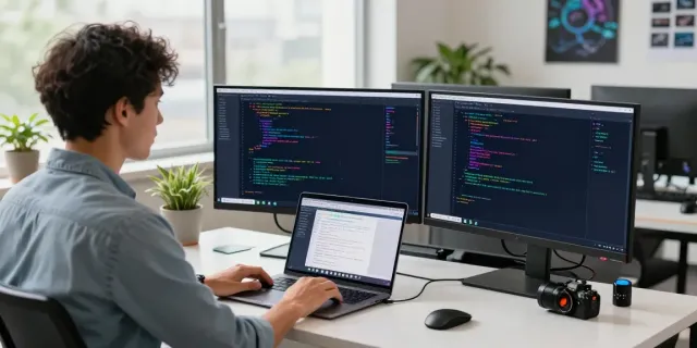 Focused developer working in a modern software development workspace showcasing software sponsored content UK.