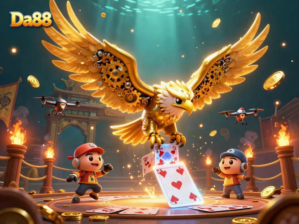 Engage with Da88's thrilling atmosphere featuring golden eagle diving through playing cards amid casino excitement.