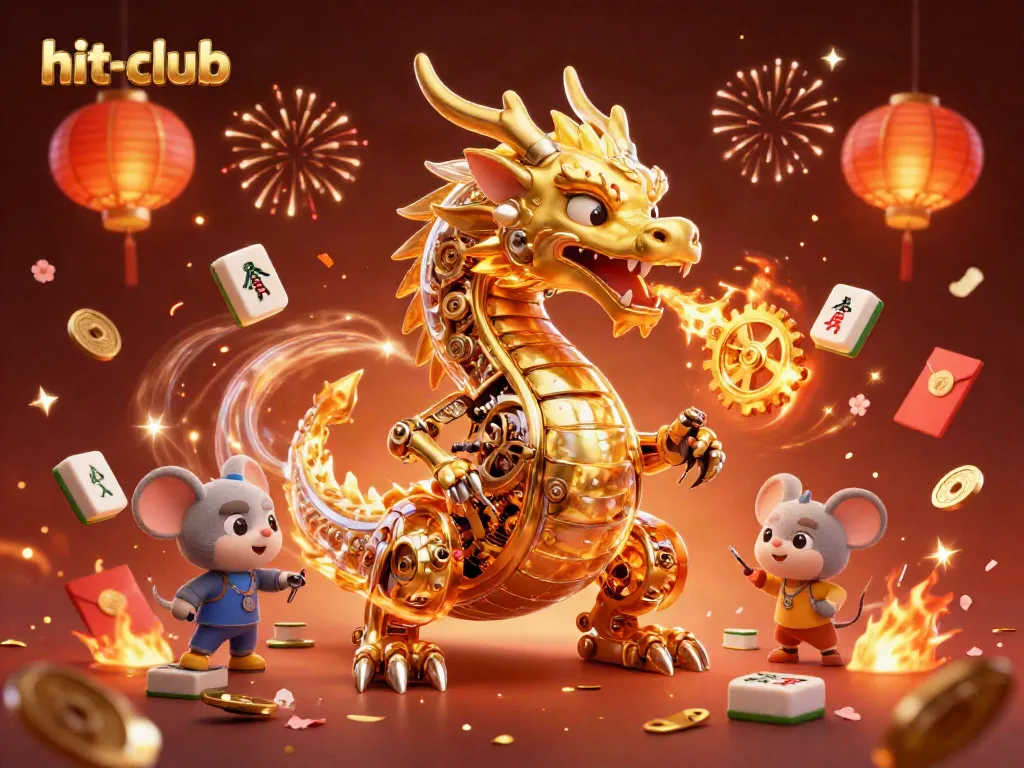 Feel the thrill at hit-club with a golden dragon symbolizing luck and fortune amidst vibrant gaming elements.