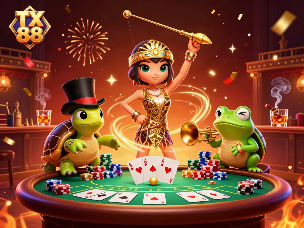 Experience TX 88 at an extravagant casino with lively characters and dynamic poker action.