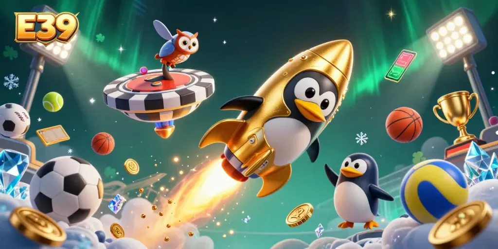E39 casino penguin racing toward a poker chip station amidst flying sports elements