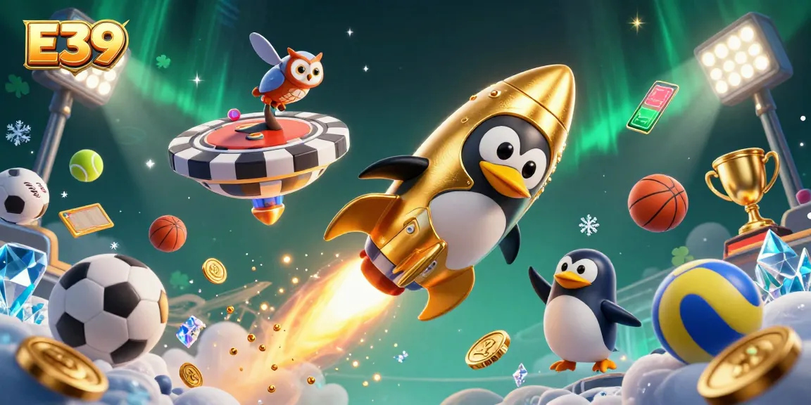 E39 casino penguin racing toward a poker chip station amidst flying sports elements