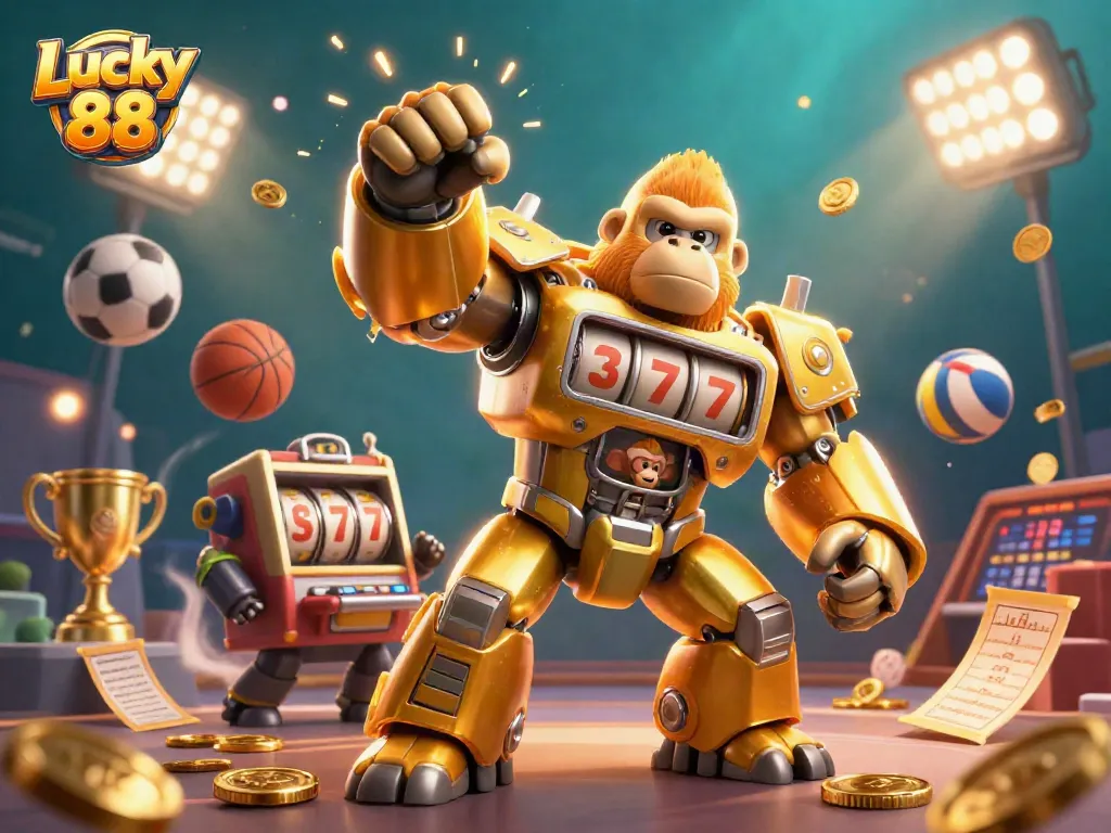Experience the excitement of Lucky 88 with a dynamic 3D illustration of a golden gorilla mech surrounded by casino elements.