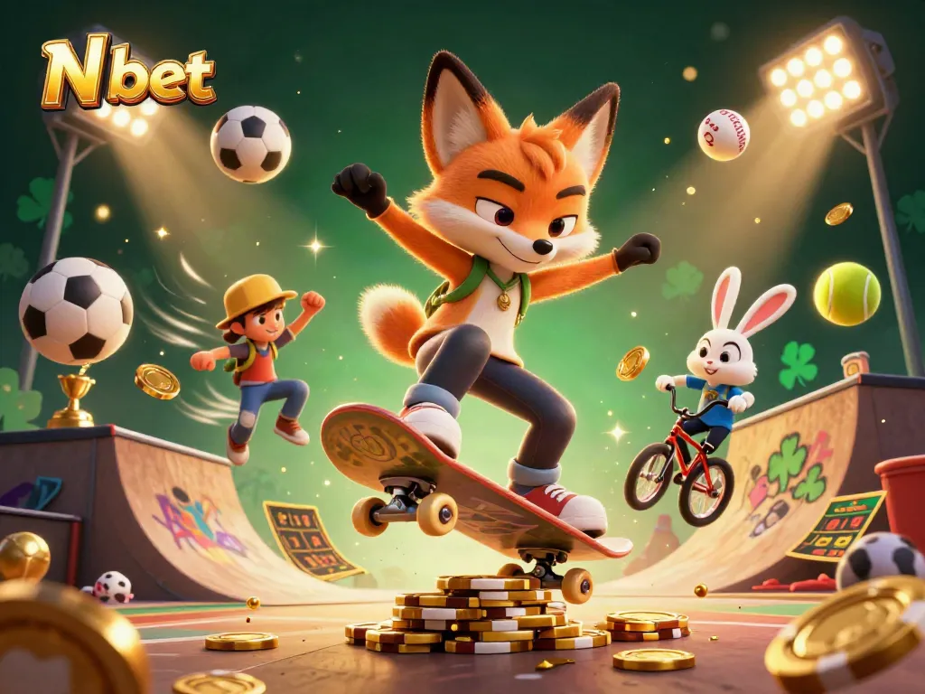 N bet image features a vibrant scene with a skateboarder fox and BMX rabbit, surrounded by dynamic sports betting elements and casino symbols.