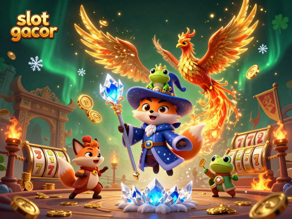 Engage in the world of slot gacor with a mystical wizard fox and a phoenix, surrounded by vivid casino elements.