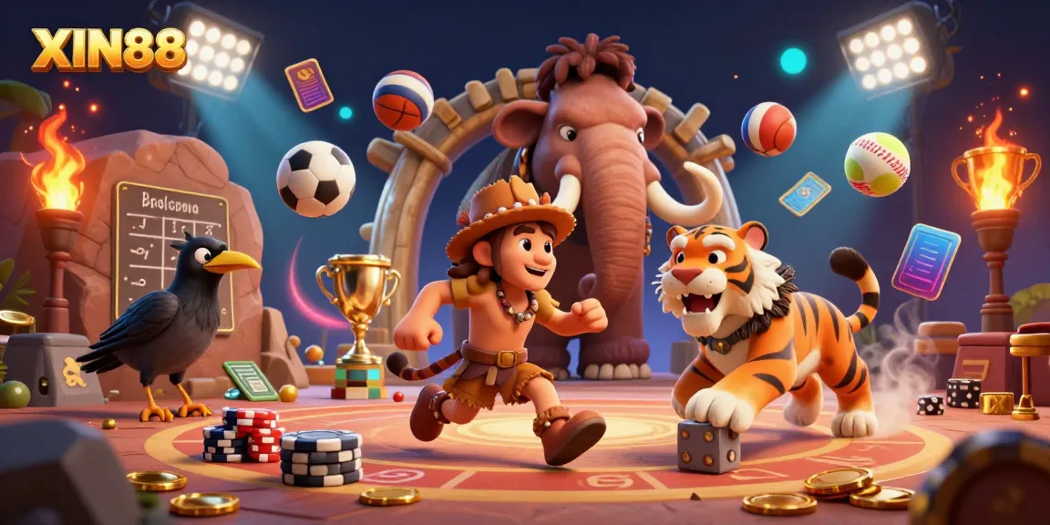 XIN88 brings the thrill of gambling to life with a vibrant, prehistoric casino scene featuring a caveman and sabertooth tiger.