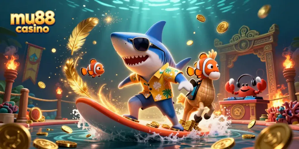 Engage in exciting gameplay at mu88 casino with a whimsical scene featuring a shark, clownfish, and crab among treasures.