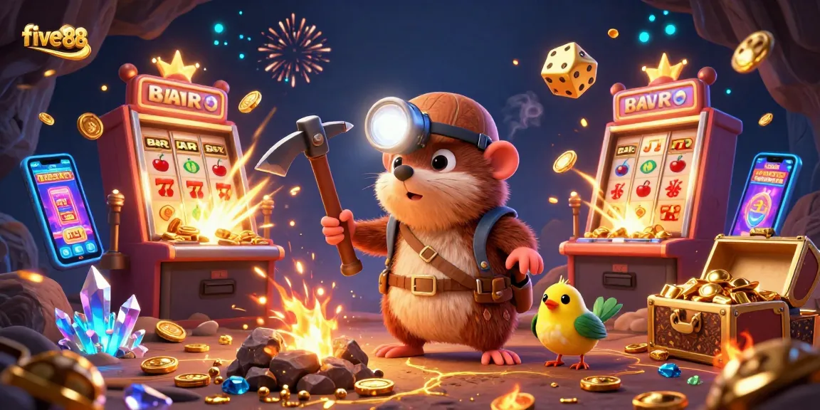 Experience the fun of five88 as our treasure hunter mole mines golden gems amidst a vibrant casino scene.