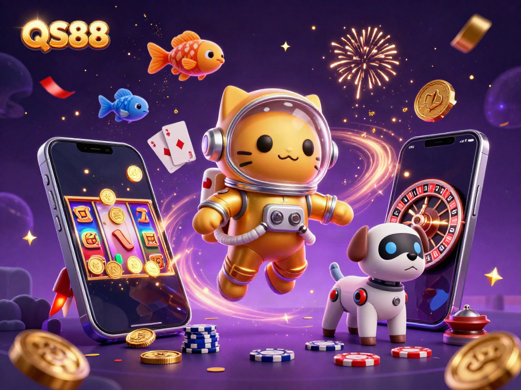 Experience the excitement of gambling with QS88 featuring animated characters in a cosmic scenario.