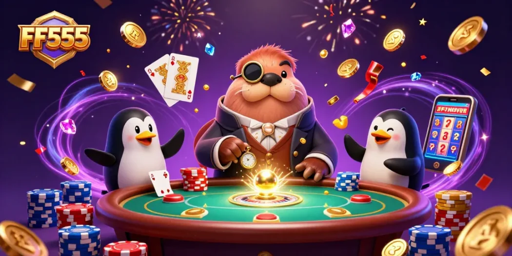 FF555 showcases a thrilling casino scene with a jolly walrus and a sophisticated penguin dealer.