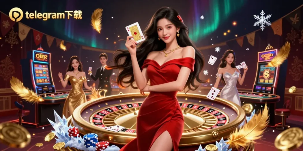 在充满活力的赌场场景中，一位美丽的女性手持金色扑克牌，体验令人兴奋的telegram下载游戏。