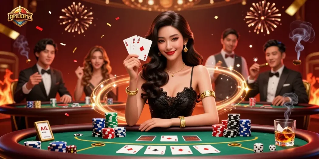 Play high-stakes in style with ดูหนังใหม่, showcasing poker chips and aces in a vibrant casino scene.
