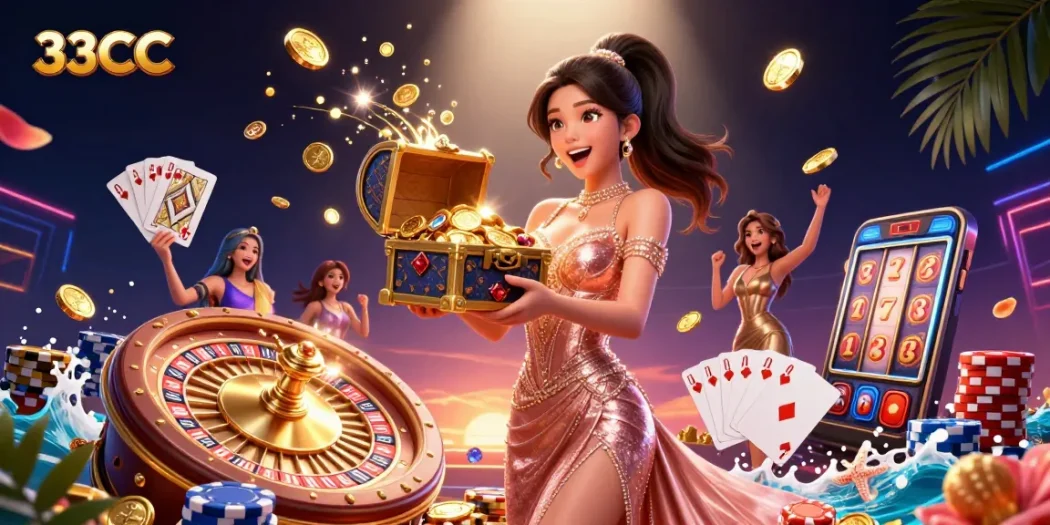 Experience the thrill with 33CC as a joyful woman showcases treasures from a casino.