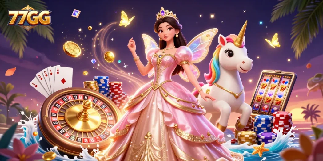 Experience the thrill of 77GG with stunning casino visuals filled with vibrant gambling elements.