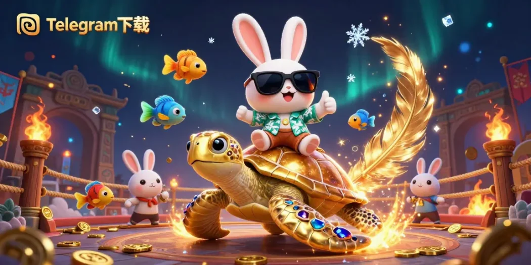 在这个充满活力的赌场场景中，与Telegram下载互动，特色是幸运兔子和金龟。
